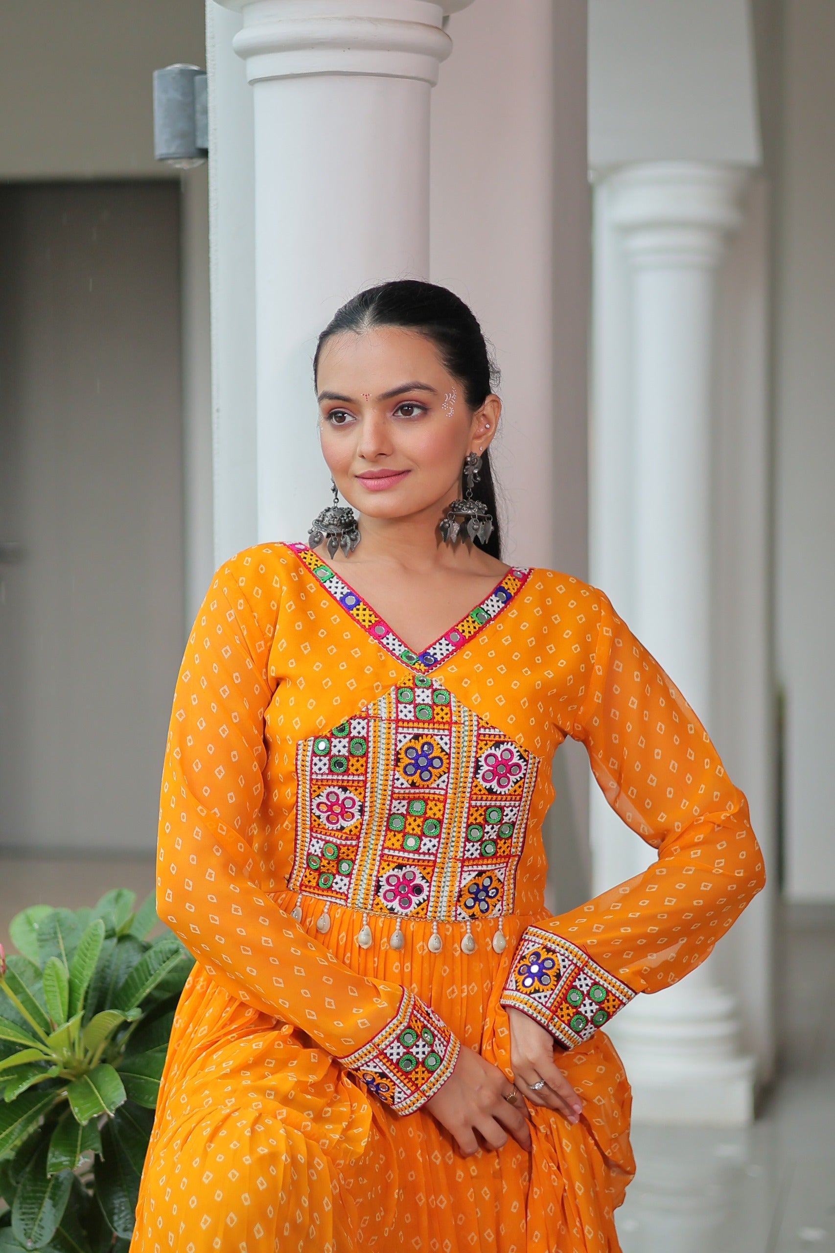 BANDHANI PRINT GEORGETTE GOWN WITH KUTCHI WORK