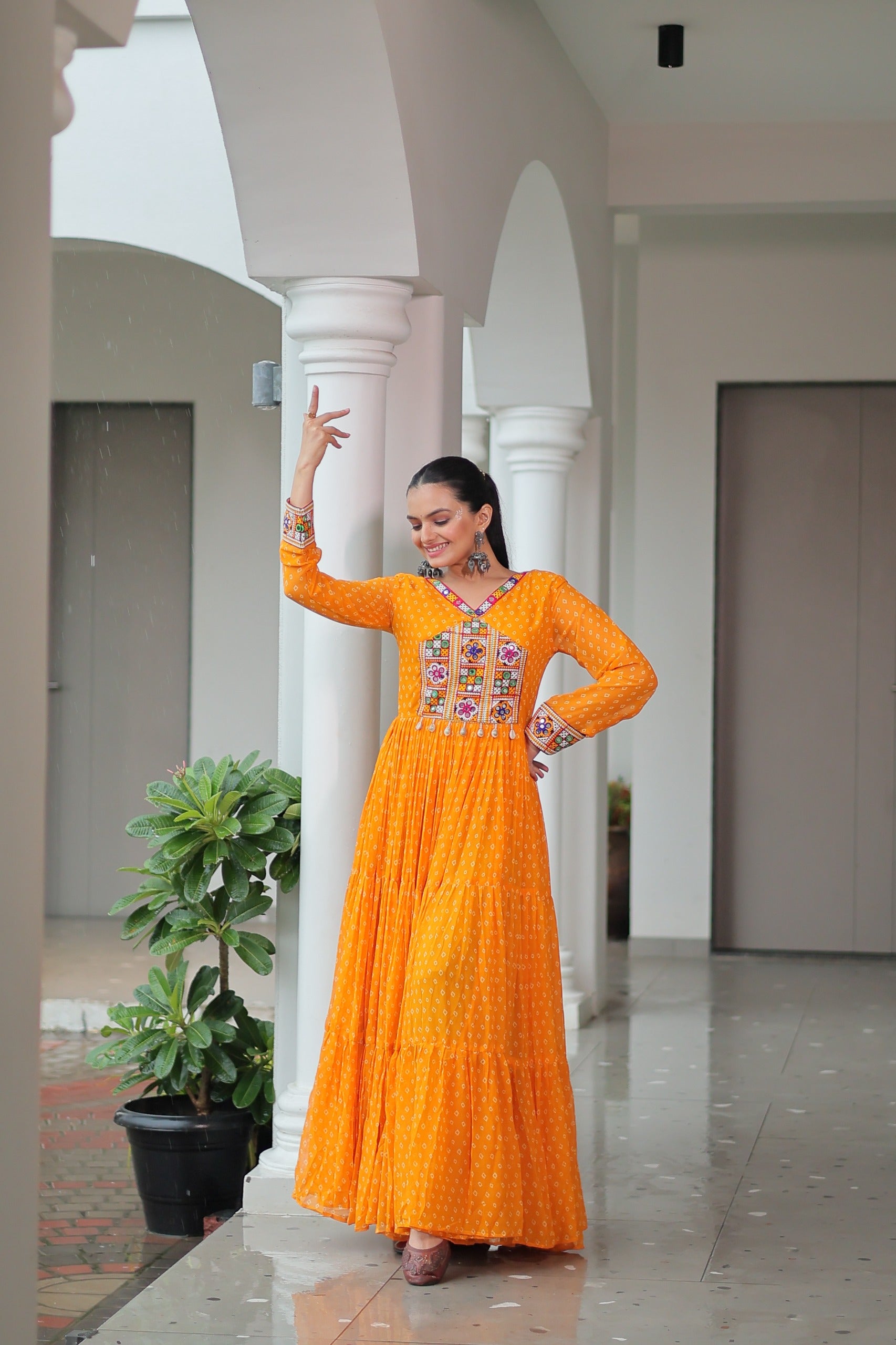 BANDHANI PRINT GEORGETTE GOWN WITH KUTCHI WORK