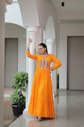 BANDHANI PRINT GEORGETTE GOWN WITH KUTCHI WORK