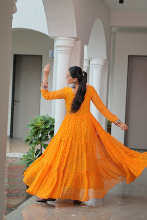 BANDHANI PRINT GEORGETTE GOWN WITH KUTCHI WORK