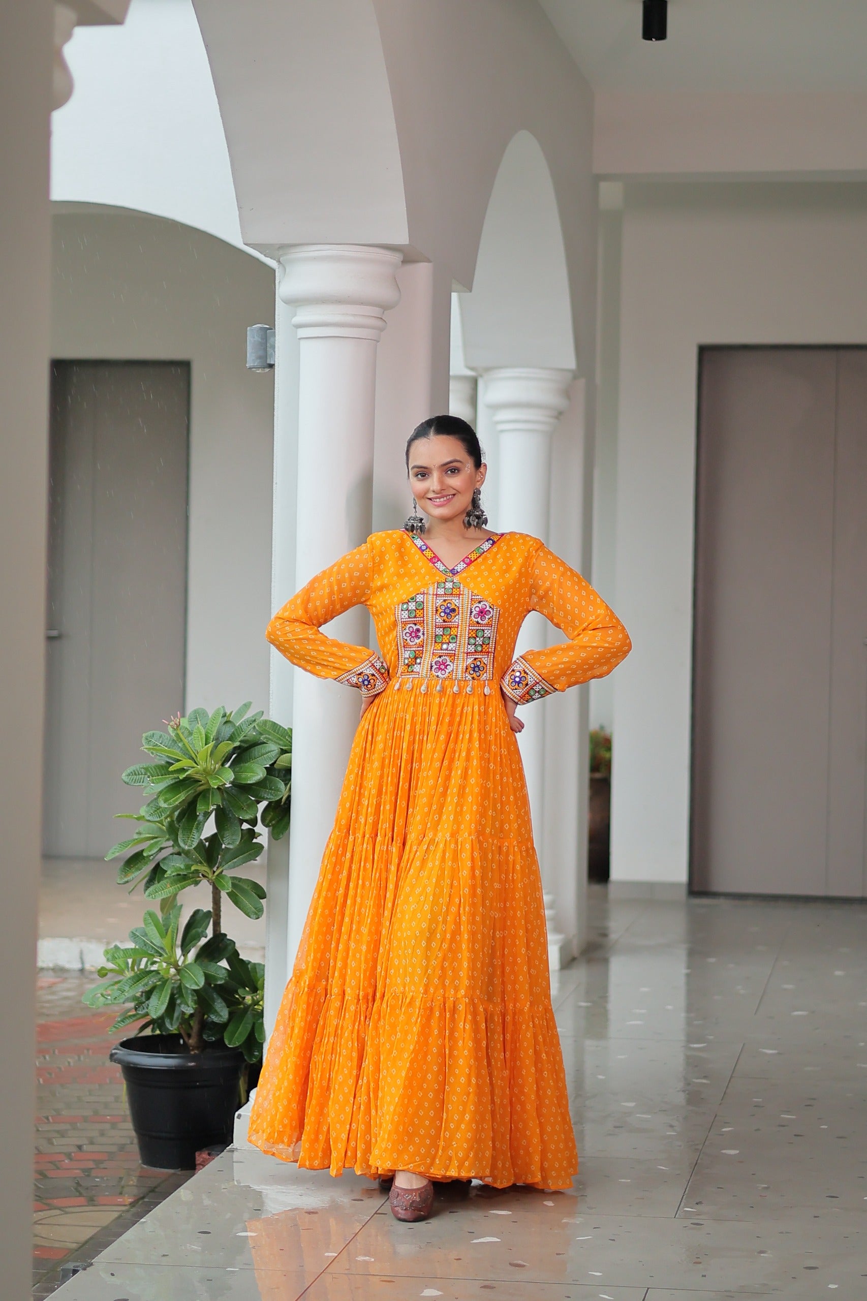 BANDHANI PRINT GEORGETTE GOWN WITH KUTCHI WORK