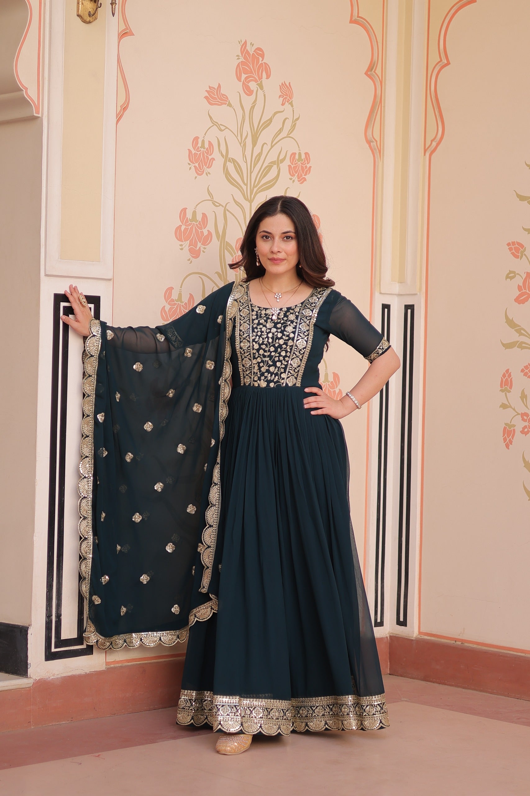 ELEGANT ZARI SEQUINS DESIGNER GOWN WITH DUPATTA