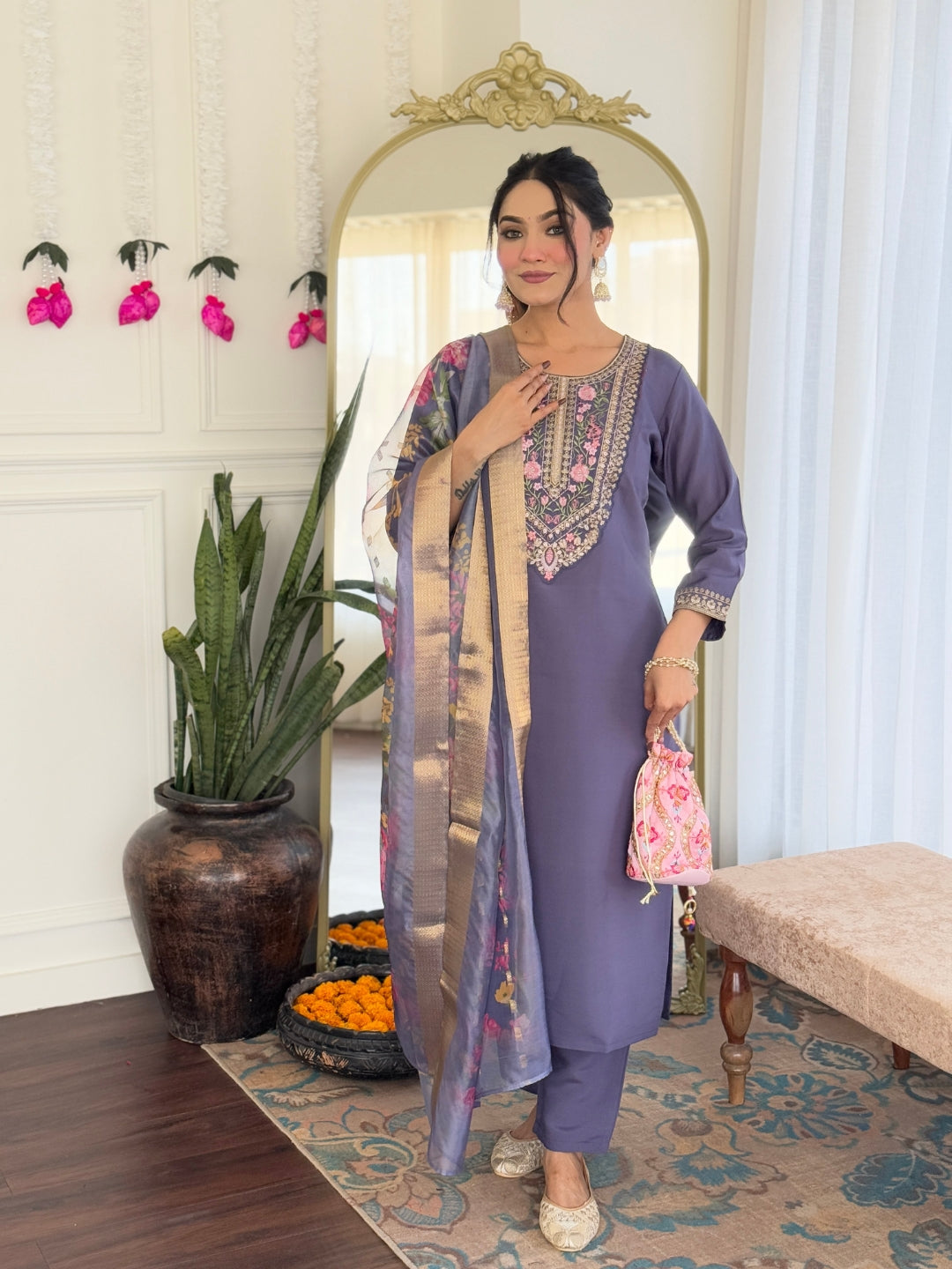 Premium Chanderi Silk Kurti Pant Dupatta Set