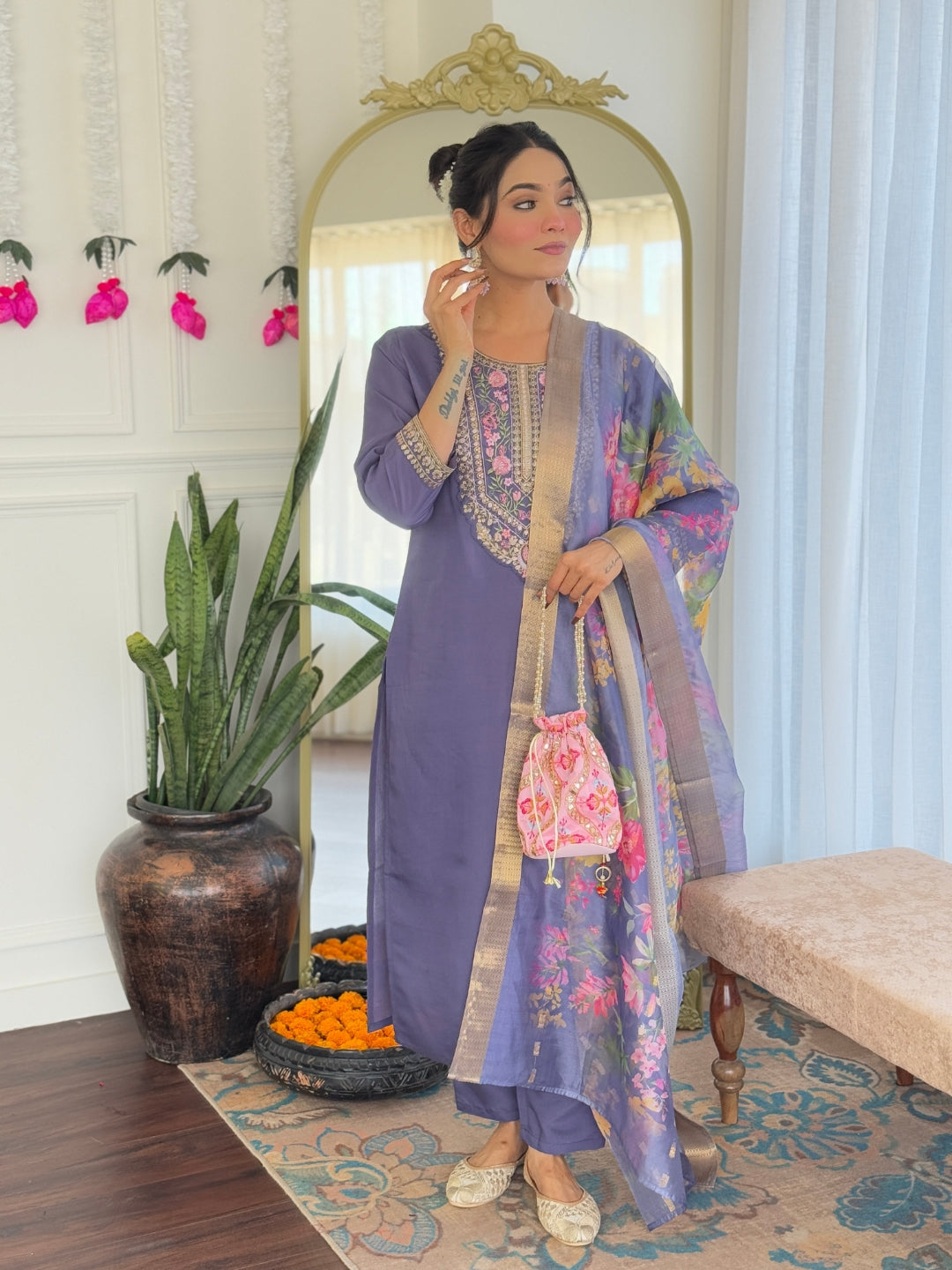 Premium Chanderi Silk Kurti Pant Dupatta Set