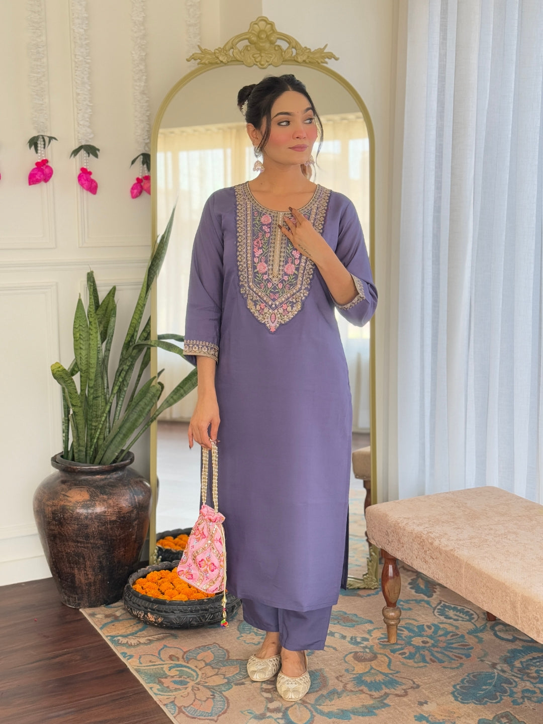 Premium Chanderi Silk Kurti Pant Dupatta Set