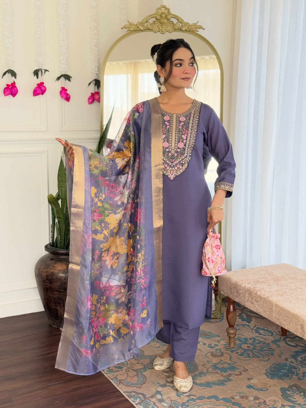 Premium Chanderi Silk Kurti Pant Dupatta Set