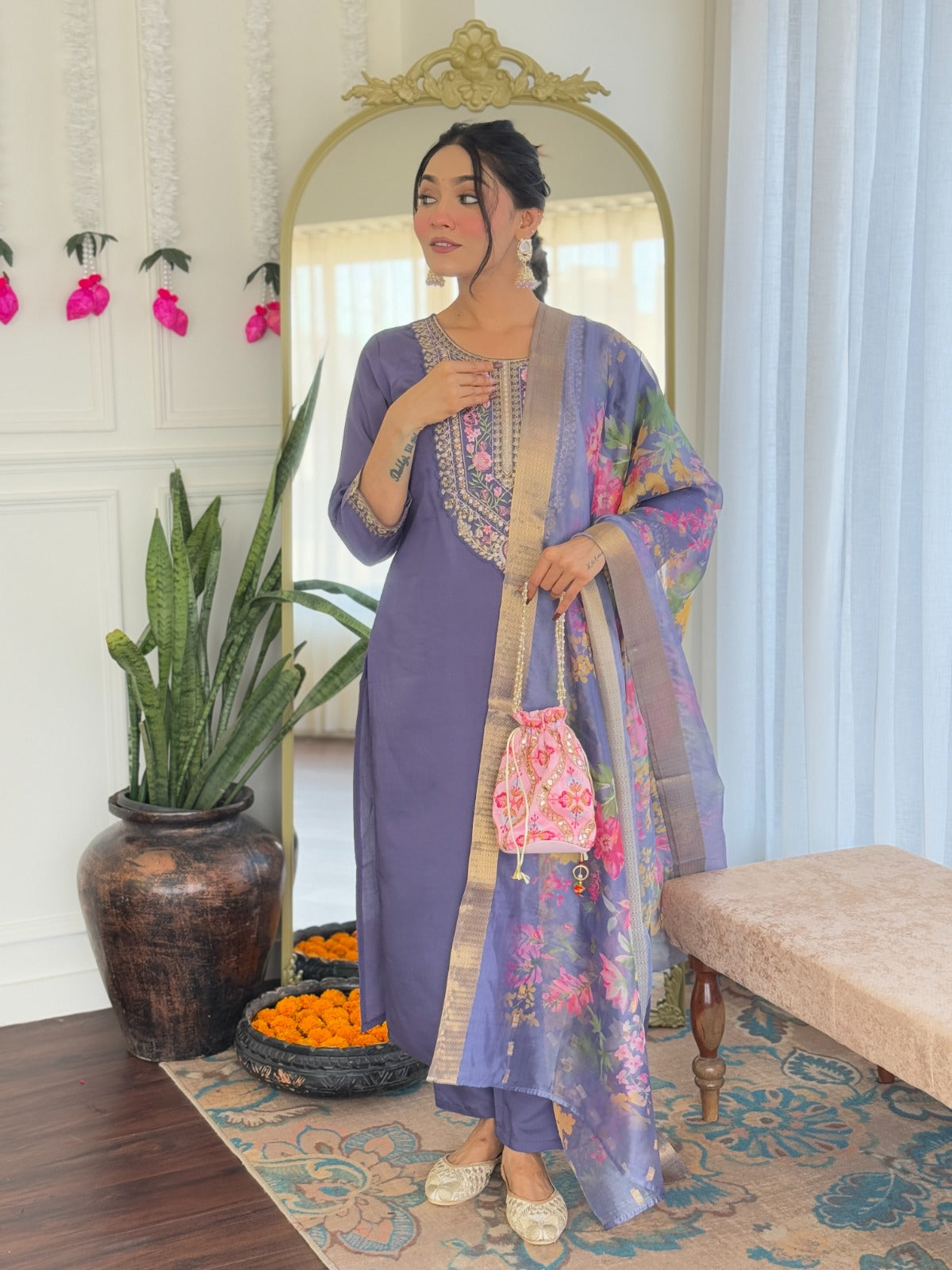 Premium Chanderi Silk Kurti Pant Dupatta Set