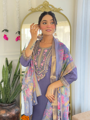 Premium Chanderi Silk Kurti Pant Dupatta Set