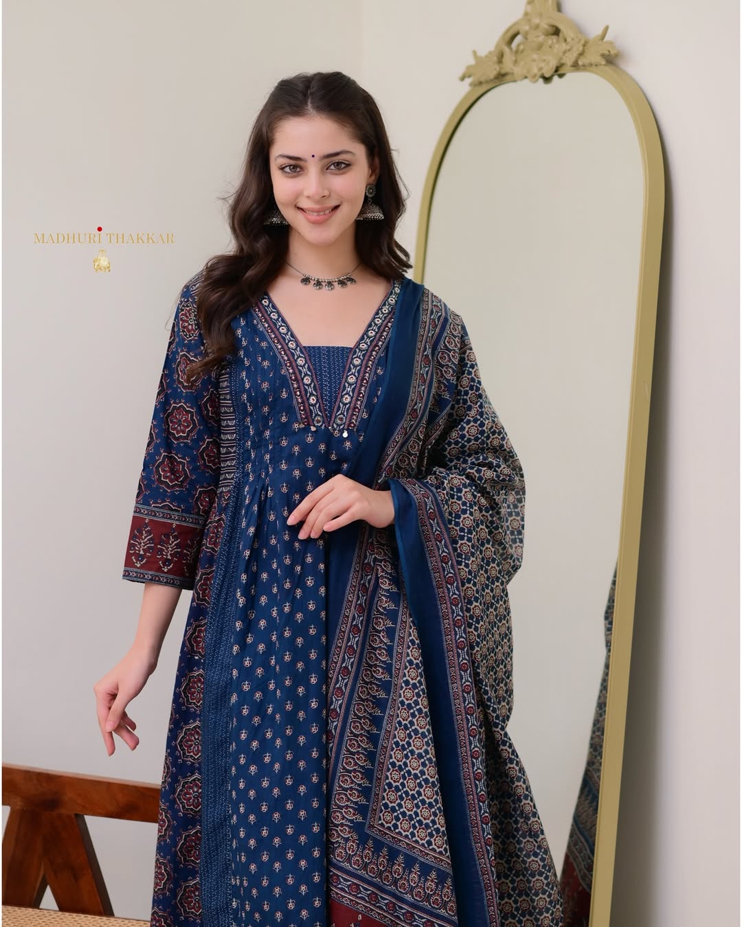 ELEGANT BLUE MAL COTTON KURTI PLAZO WITH DUPATTA SET
