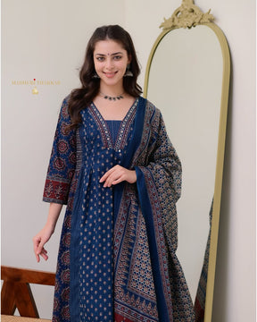 ELEGANT BLUE MAL COTTON KURTI PLAZO WITH DUPATTA SET