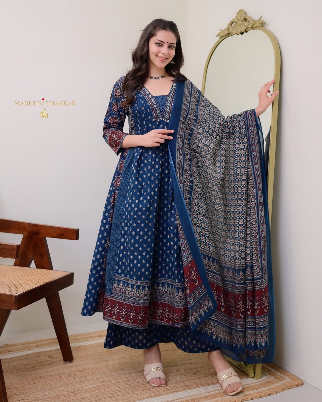 ELEGANT BLUE MAL COTTON KURTI PLAZO WITH DUPATTA SET