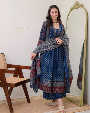 ELEGANT BLUE MAL COTTON KURTI PLAZO WITH DUPATTA SET