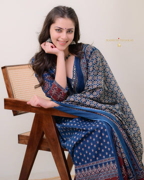 ELEGANT BLUE MAL COTTON KURTI PLAZO WITH DUPATTA SET