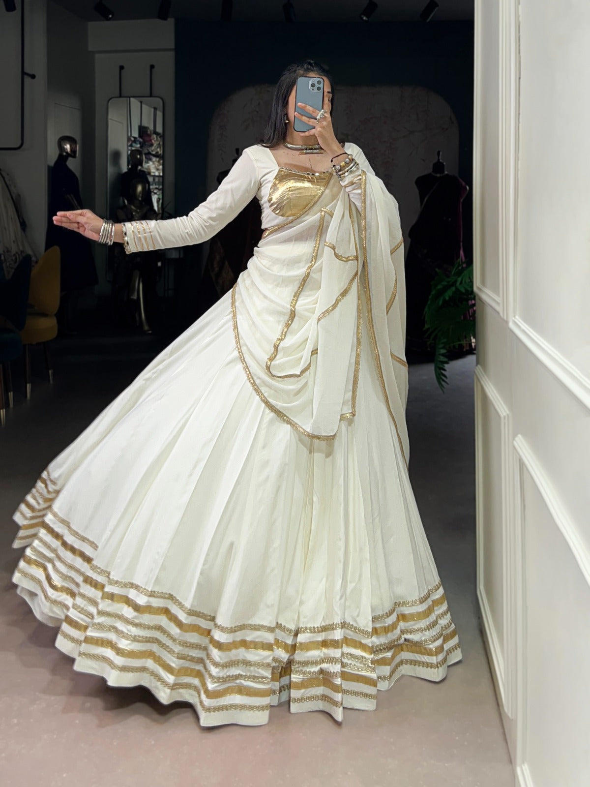 WHITE & GOLD RAYON LEHENGA CHOLI FOR NAVRATRI