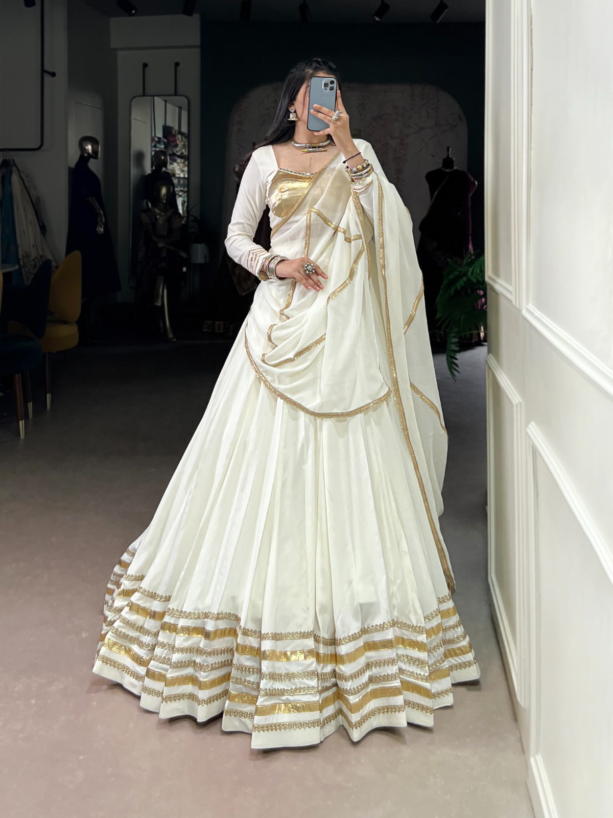 WHITE & GOLD RAYON LEHENGA CHOLI FOR NAVRATRI