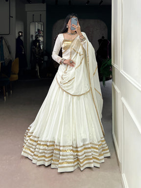 WHITE & GOLD RAYON LEHENGA CHOLI FOR NAVRATRI
