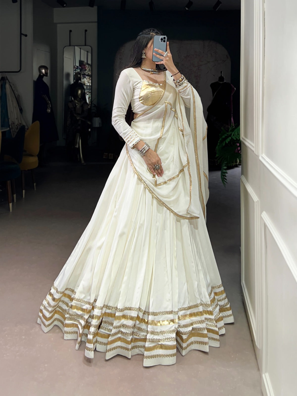 WHITE & GOLD RAYON LEHENGA CHOLI FOR NAVRATRI