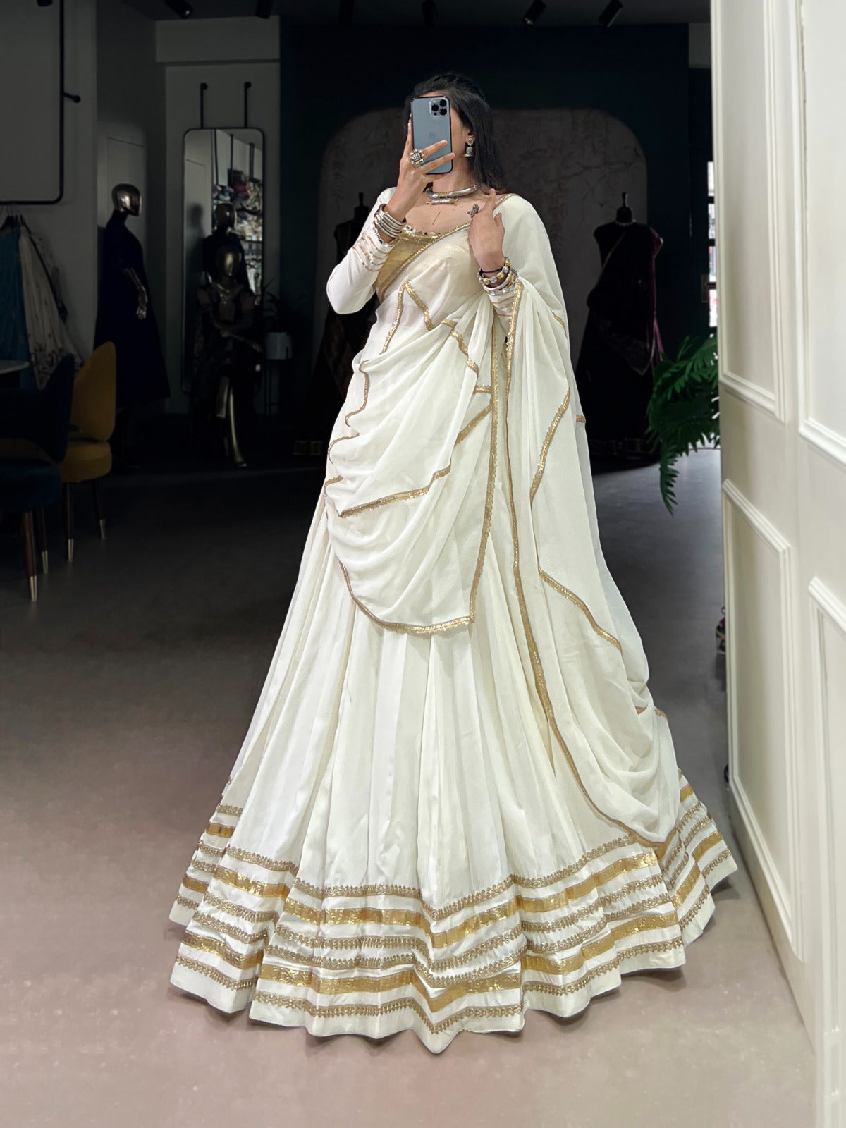 WHITE & GOLD RAYON LEHENGA CHOLI FOR NAVRATRI