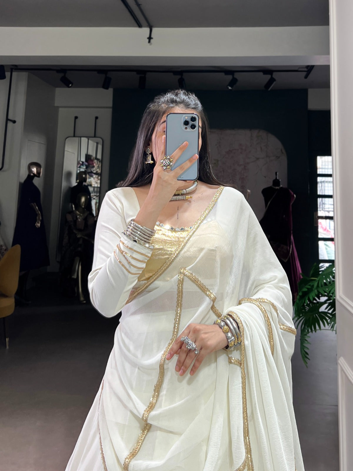 WHITE & GOLD RAYON LEHENGA CHOLI FOR NAVRATRI