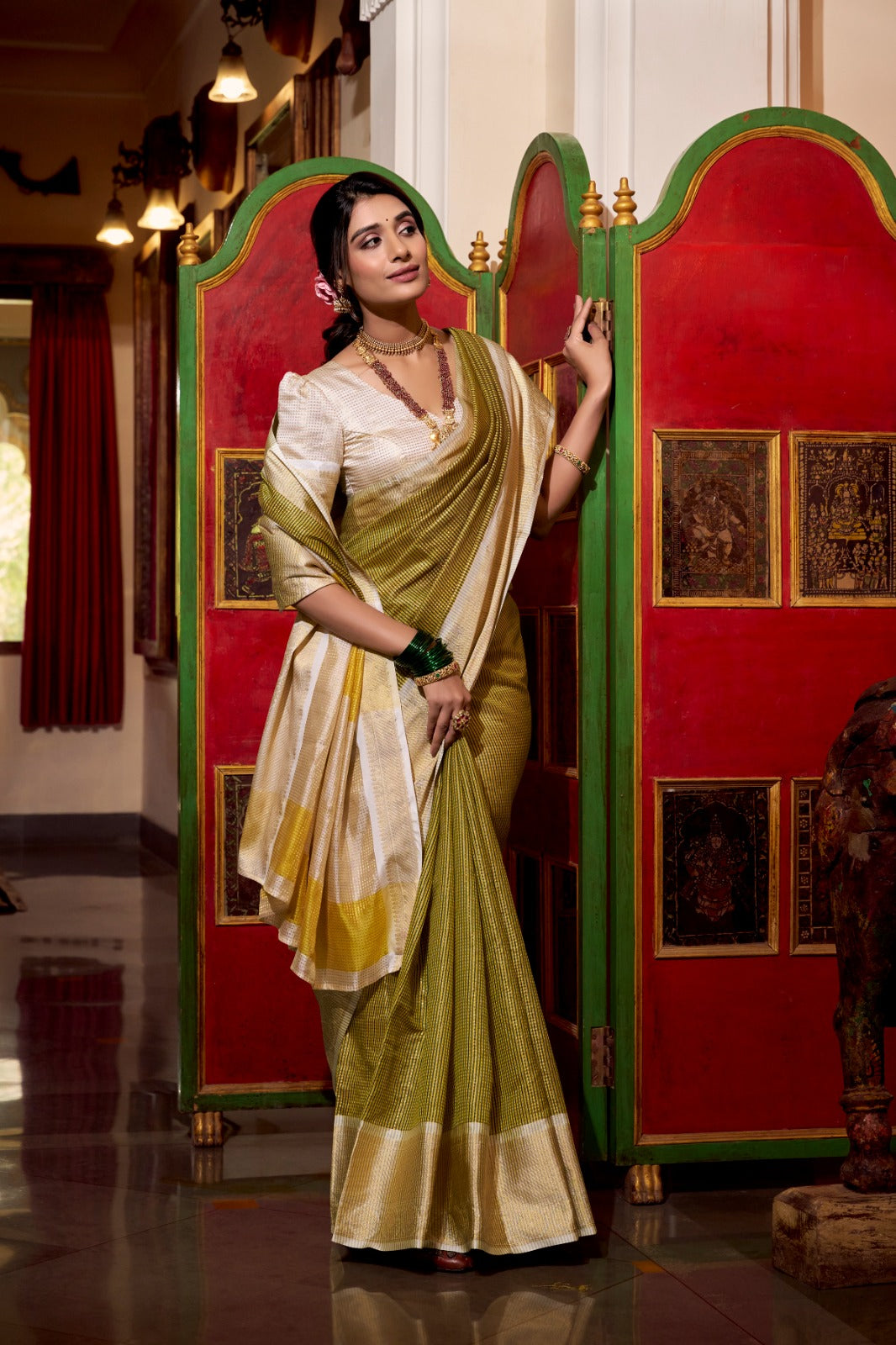 Green Jacquard Chex Saree with Zari Weaving