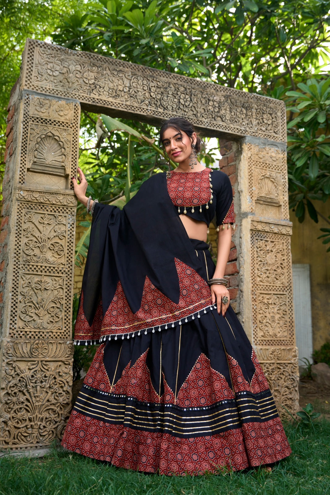 TRADITIONAL BOLD BLACK COTTON LEHENGA SET