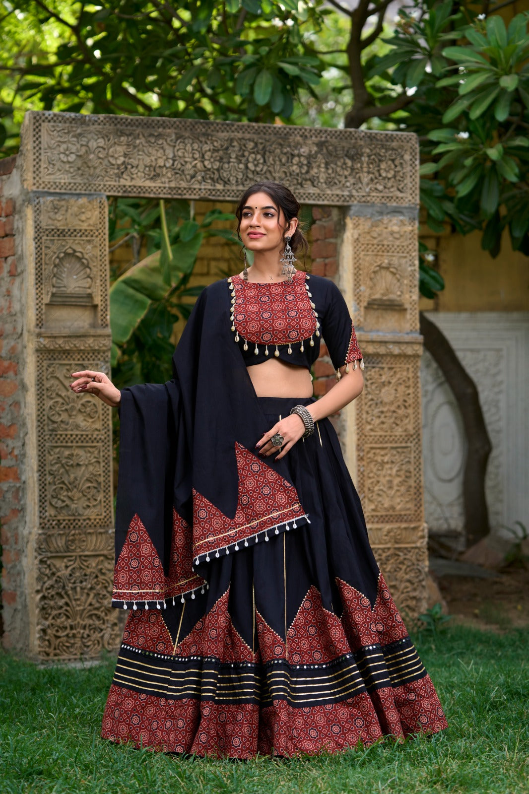 TRADITIONAL BOLD BLACK COTTON LEHENGA SET