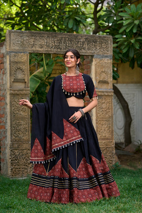 TRADITIONAL BOLD BLACK COTTON LEHENGA SET
