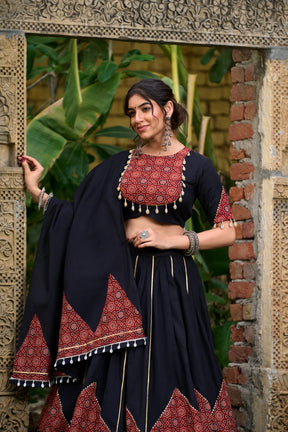 TRADITIONAL BOLD BLACK COTTON LEHENGA SET