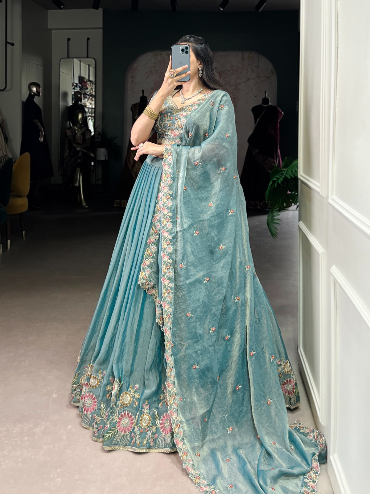 DESIGNER ZARI SHIMMER LEHENGA CHOLI WITH SEQUINS & EMBROIDERY