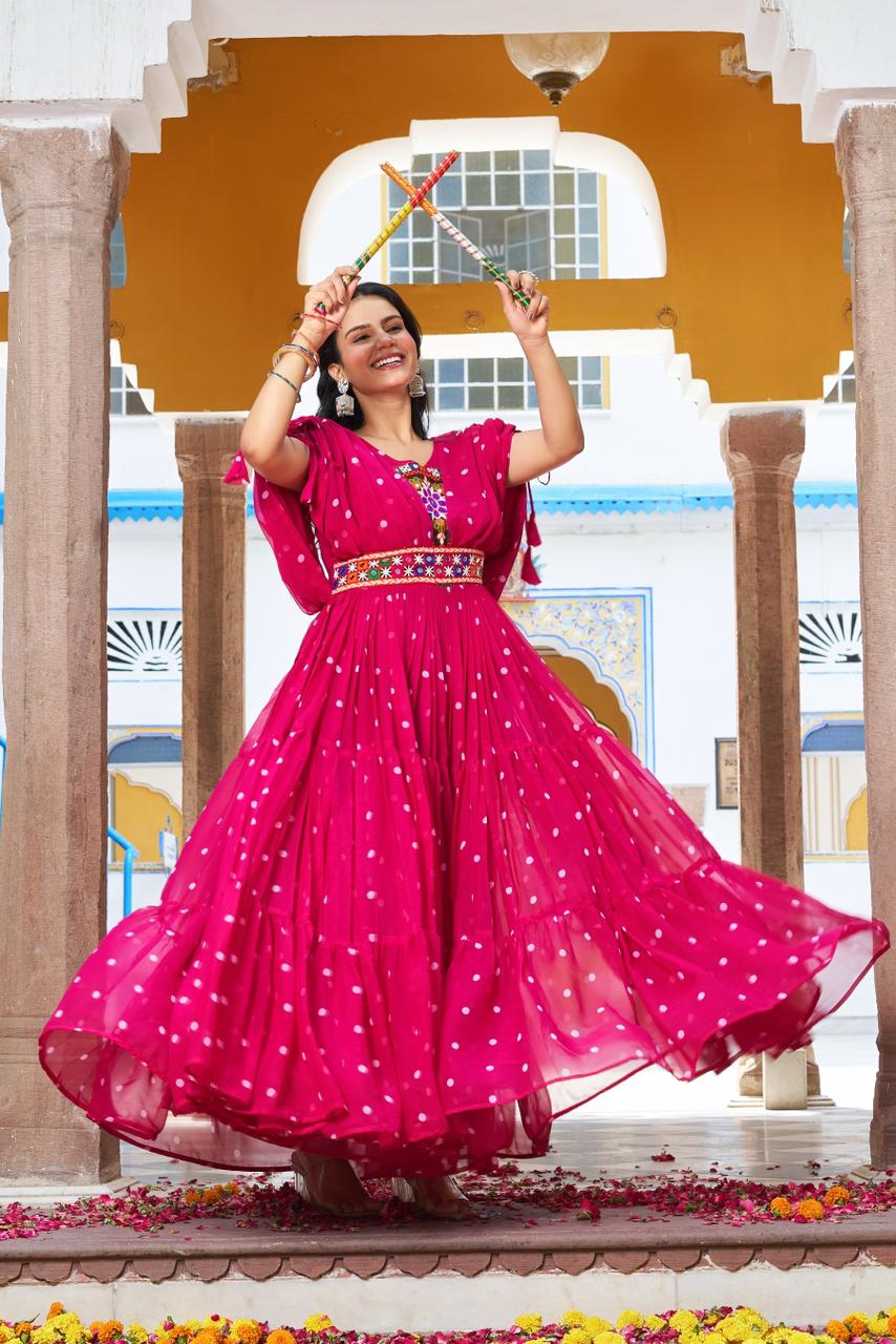 PREMIUM GAMTHI BANDHANI GORGETTE GOWN