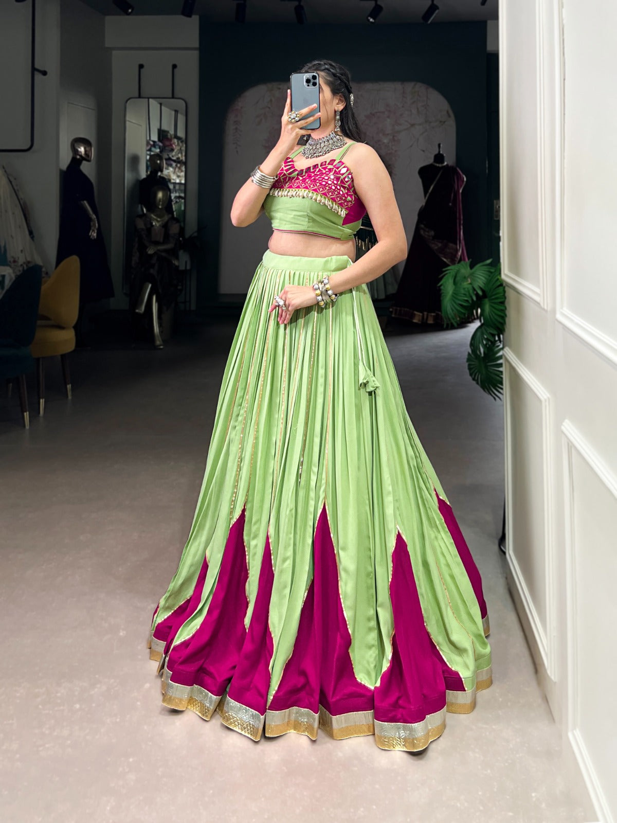 GLAM WITH GREEN RAYON MIRROR WORK LEHENGA