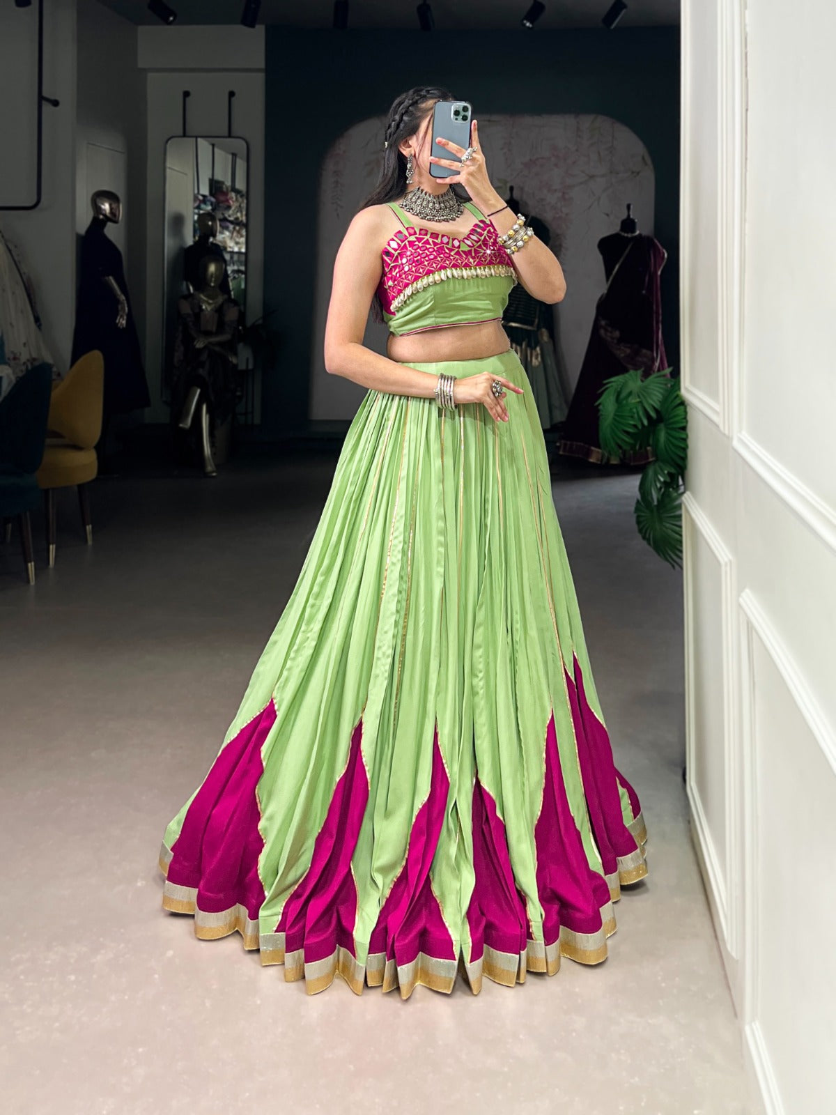 GLAM WITH GREEN RAYON MIRROR WORK LEHENGA