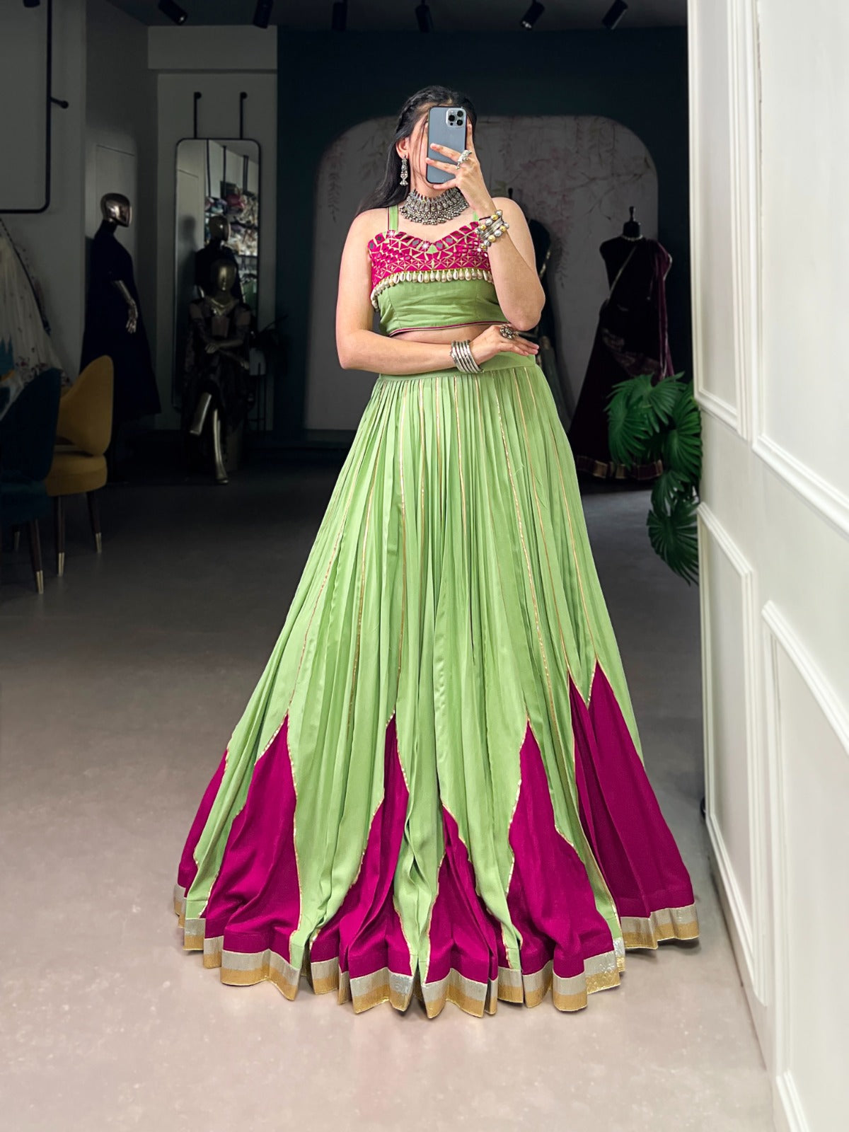 GLAM WITH GREEN RAYON MIRROR WORK LEHENGA