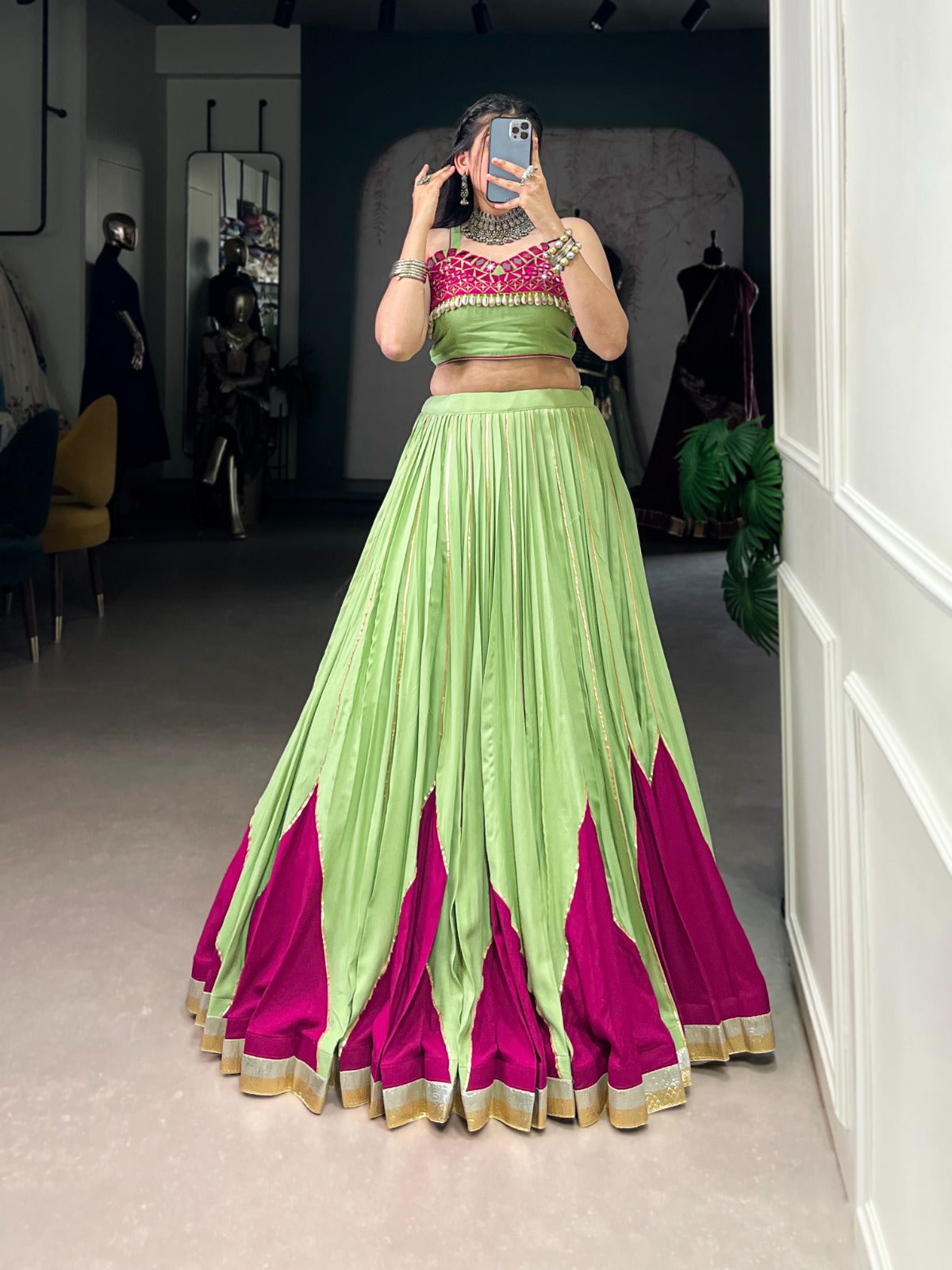 GLAM WITH GREEN RAYON MIRROR WORK LEHENGA