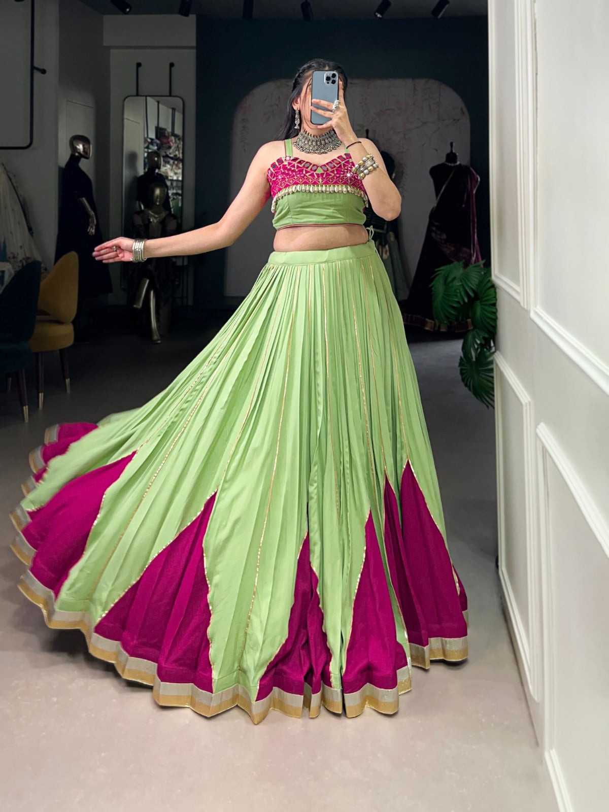 GLAM WITH GREEN RAYON MIRROR WORK LEHENGA