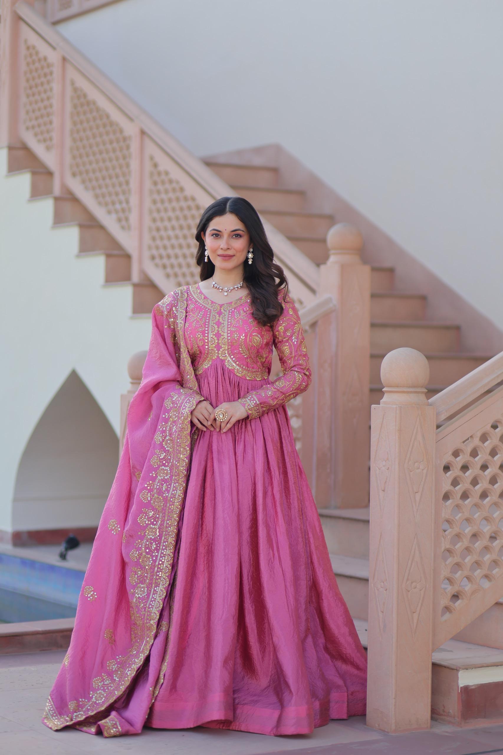 DESIGNER GOLD  CRUSH GOWN DUPATTA SET WITH SEQUINS & EMBROIDERY