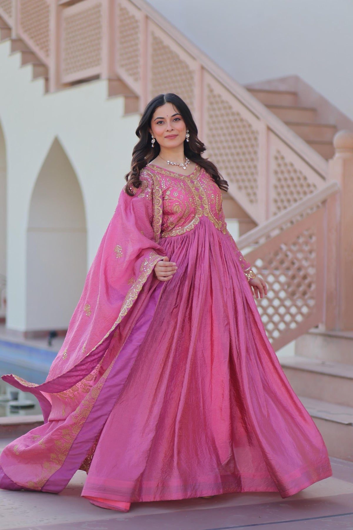 DESIGNER GOLD  CRUSH GOWN DUPATTA SET WITH SEQUINS & EMBROIDERY