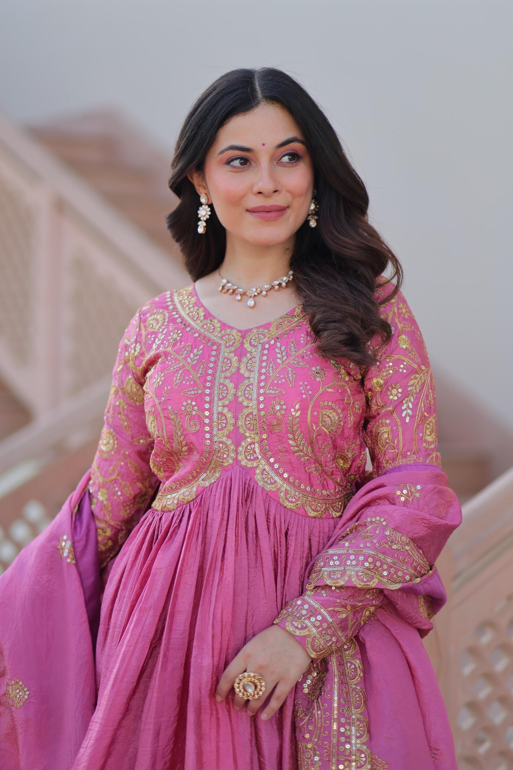 DESIGNER GOLD  CRUSH GOWN DUPATTA SET WITH SEQUINS & EMBROIDERY