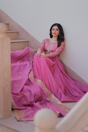 DESIGNER GOLD  CRUSH GOWN DUPATTA SET WITH SEQUINS & EMBROIDERY