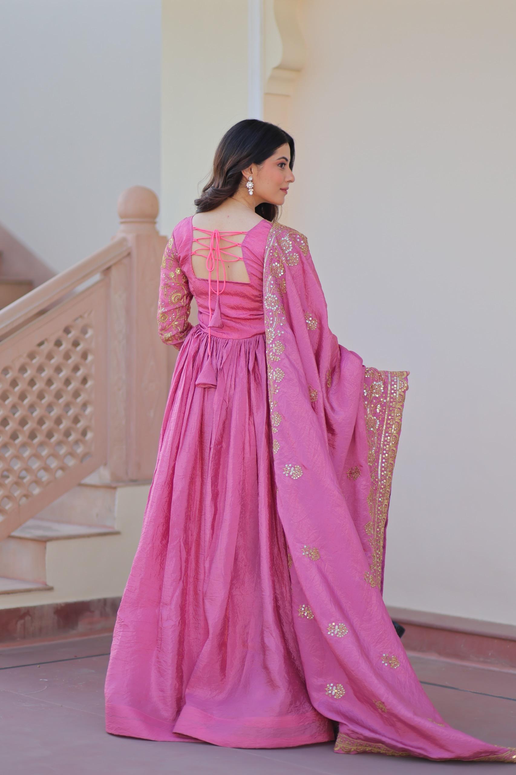 DESIGNER GOLD  CRUSH GOWN DUPATTA SET WITH SEQUINS & EMBROIDERY