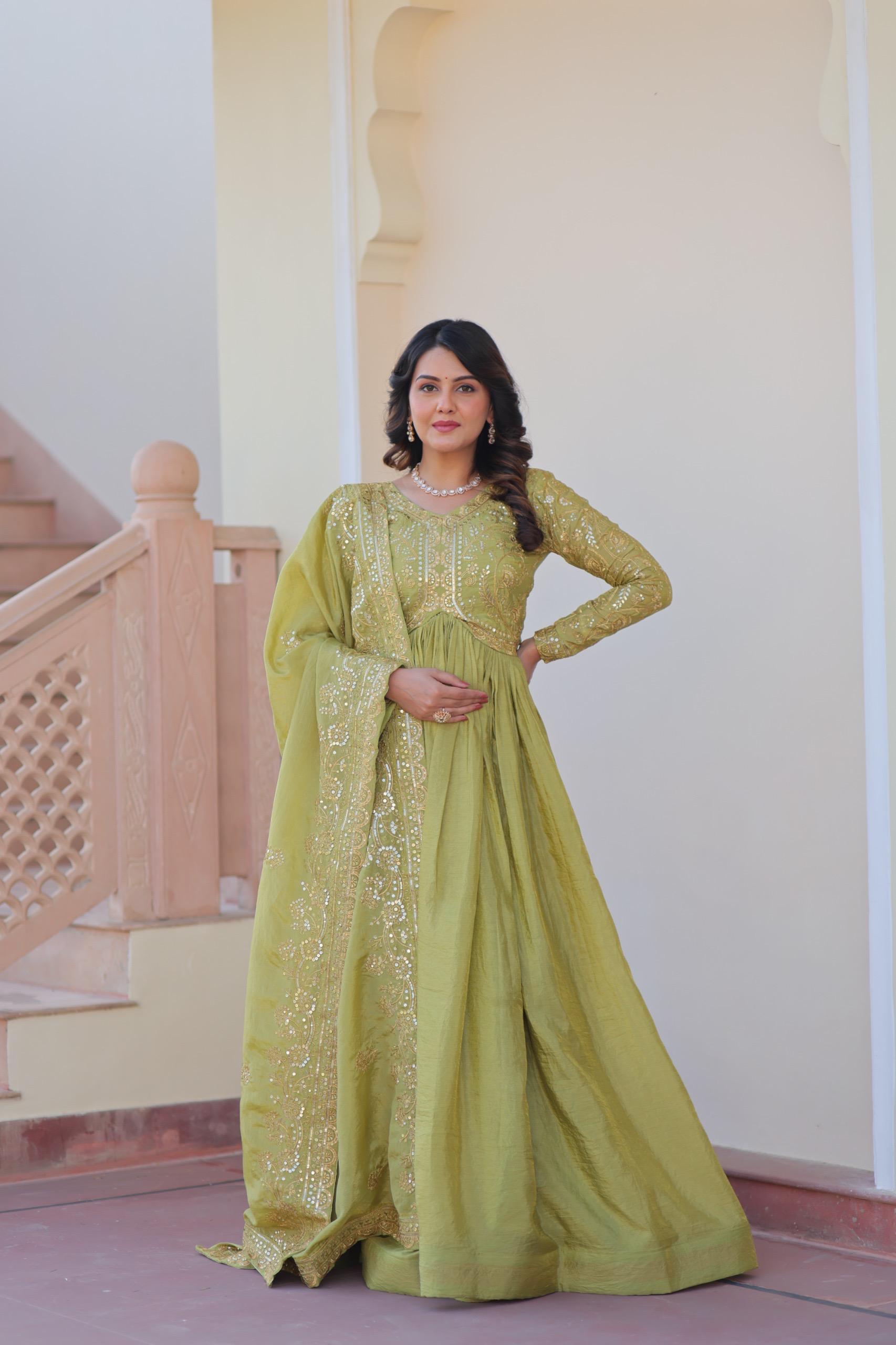 DESIGNER GOLD  CRUSH GOWN DUPATTA SET WITH SEQUINS & EMBROIDERY
