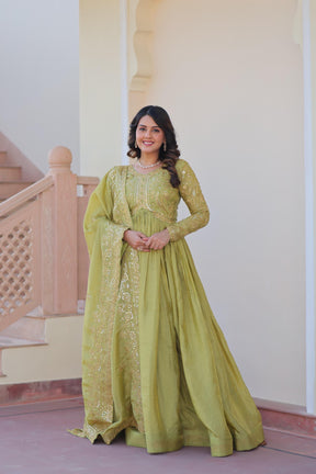 DESIGNER GOLD  CRUSH GOWN DUPATTA SET WITH SEQUINS & EMBROIDERY