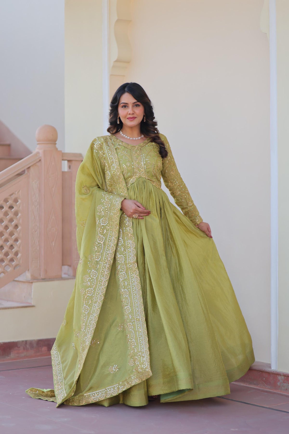 DESIGNER GOLD  CRUSH GOWN DUPATTA SET WITH SEQUINS & EMBROIDERY
