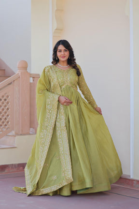 DESIGNER GOLD  CRUSH GOWN DUPATTA SET WITH SEQUINS & EMBROIDERY