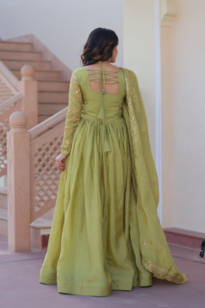 DESIGNER GOLD  CRUSH GOWN DUPATTA SET WITH SEQUINS & EMBROIDERY