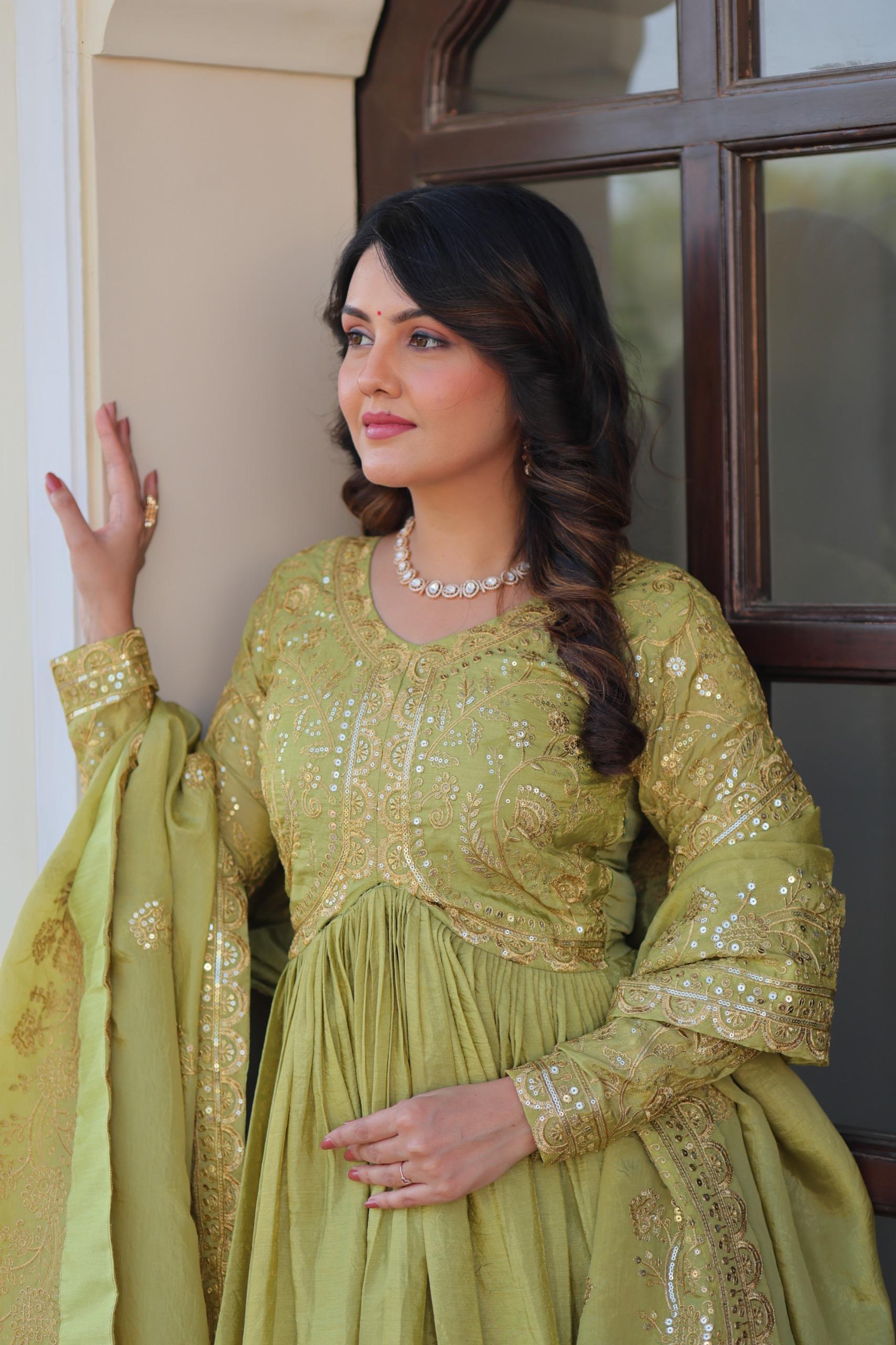 DESIGNER GOLD  CRUSH GOWN DUPATTA SET WITH SEQUINS & EMBROIDERY