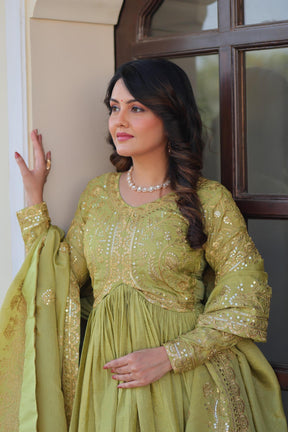 DESIGNER GOLD  CRUSH GOWN DUPATTA SET WITH SEQUINS & EMBROIDERY
