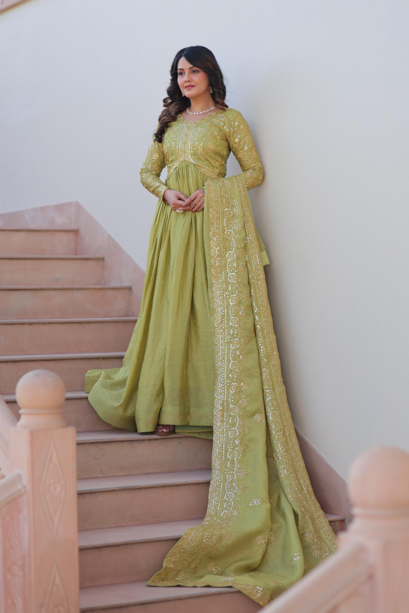 DESIGNER GOLD  CRUSH GOWN DUPATTA SET WITH SEQUINS & EMBROIDERY
