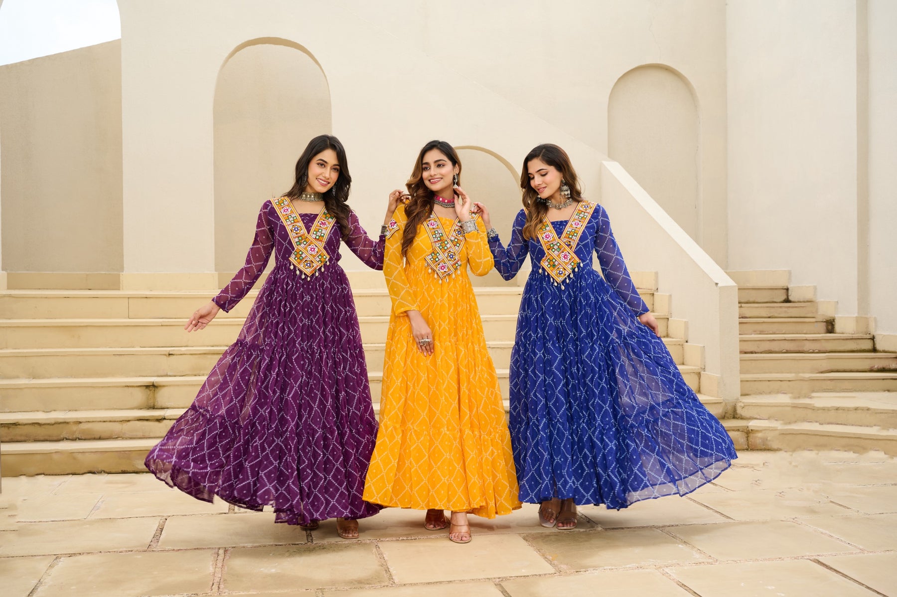 BANDHANI PRINT FAUX GEORGETTE GOWN WITH KUTCHI PATCHWORK