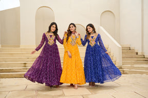 BANDHANI PRINT FAUX GEORGETTE GOWN WITH KUTCHI PATCHWORK